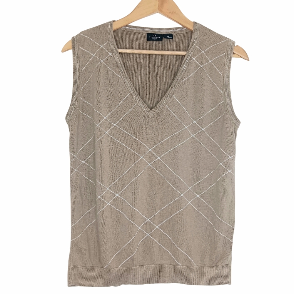 VUARNET SPORT Beige Taupe Windowpane Sweater Vest XL Preppy Old Money Academia